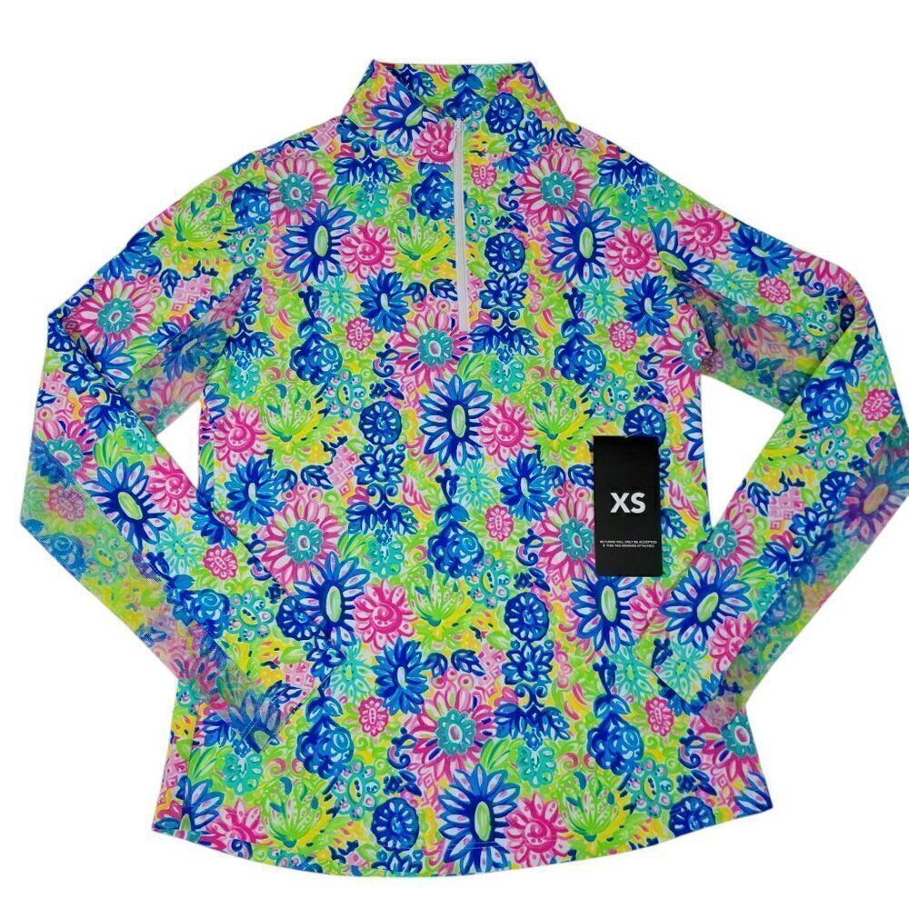 IBKUL Top Womens XS Long Sleeve Floral Mock Neck Zip UPF 50 Mesh Sleeve Golf NEW